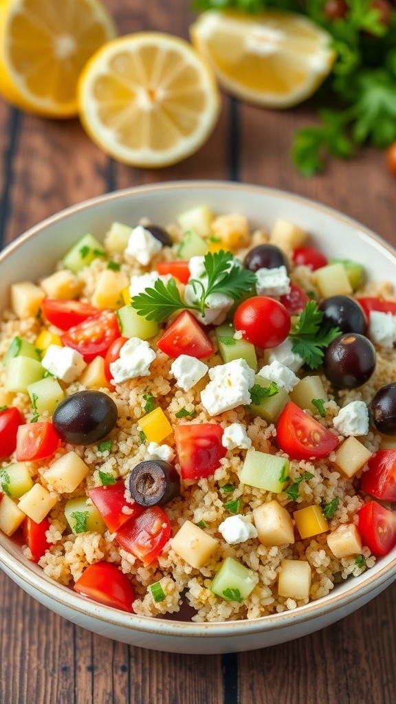 A colorful Mediterranean quinoa salad with cucumbers, cherry tomatoes, olives, and feta cheese on a wooden table.
